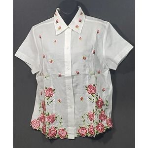 Yue Hwa Champsely Couture 38/8/Med Linen Red Roses Appliques Short Sleeve Blouse